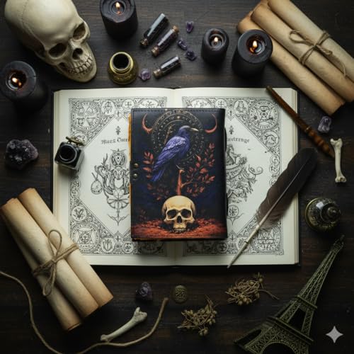 Journal gothique en cuir avec tête de mort de corbeau, cadeau de sorcière