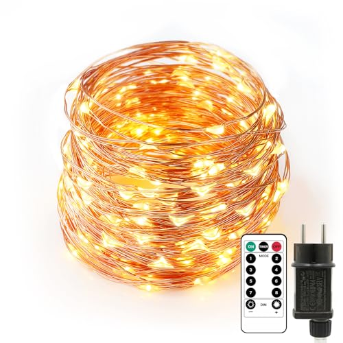Auting 20M led lichterkette innen, 200LEDs lichterkette außen Warmweiß aus Kupferdraht mit stecker Timer 8 Modi, IP65 Wasserdicht lichterkette weihnachtsbaum für weihnachtsdeko, Garten Balkon Party