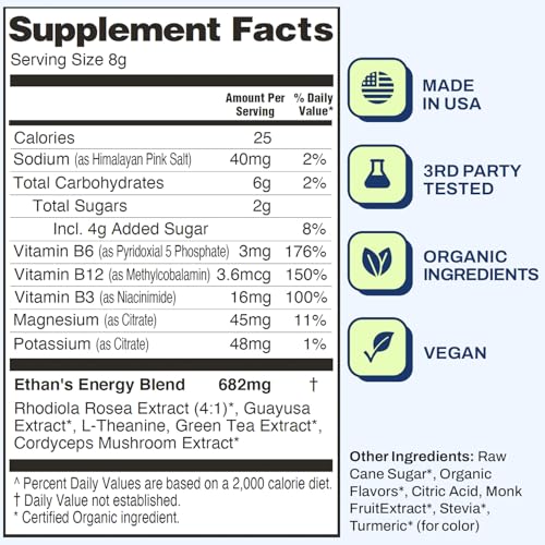 Image of Ethan's Feel Good Pre-Workout & Hydration Drink Mix, 200mg Plant-Based Caffeine, Electrolytes & Adaptogens, Vegan Organic, Pineapple, 30 Servings