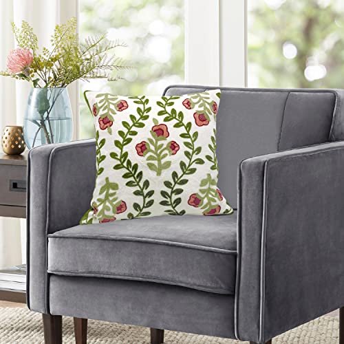 Alysheer Flower Embroidered Farmhouse Decorative Throw Pillow Cover 18"X 18", Cottage Floral Green Leaves Knit Pattern, 100% Cotton Canvas Cushion Case For Sofa Couch Bedroom Decor(Pink Flowers) #TOP5