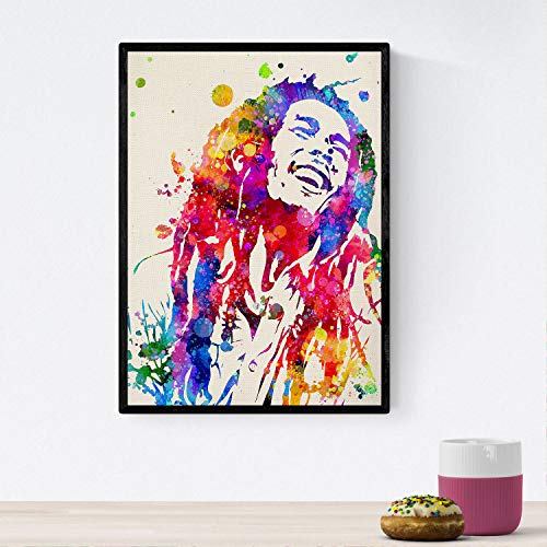Nacnic Poster imagen de Bob marley. Posters con diseño acuarela de famosos, actores, músicos, y personajes conocidos. Tamaño A4 con marco