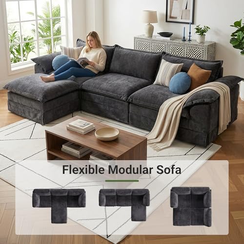 Image of Claiks 123 inch Modular Boneless Couch, L Shaped Couch for Living Room, Modern Deep Seat Sofa 3 Seater Chenille Fabric Comfy Cloud Couches with Movable Ottoman, Dark Grey