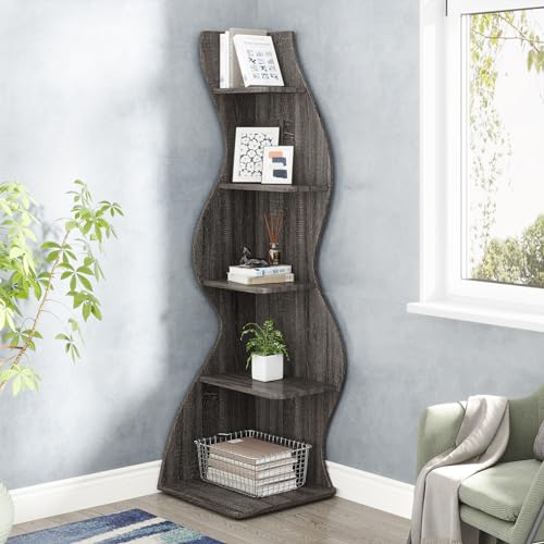 Tribesigns Corner Shelf, Modern 5-Tier Wall Corner Bookshelf, Stylish Corner Small Bookcase Storage Rack Plant Stand with Unique Shape for Living Room, Home Office, (1PC, Gray) - Image 3