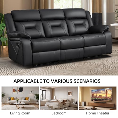 Image of EBELLO Faux Leather Manual Reclining Sofa, 3 Seat Recliner Sofa Chair, Couch Furniture for Living Room, Furniture, Meeting Room, Black (3 Seat Sofa)
