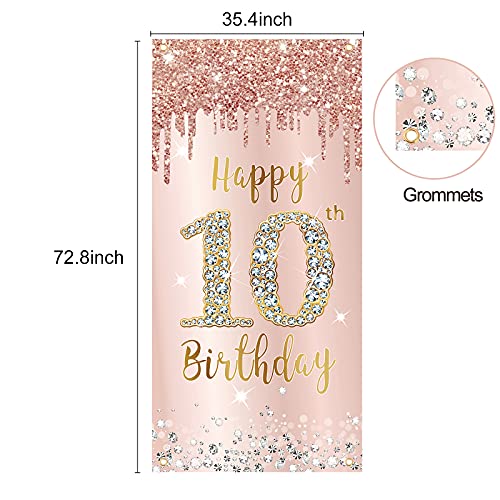 Image of Happy 10th Birthday Door Banner Backdrop Decorations, Pink Rose Gold 10 Year Old Birthday Party Door Cover Sign Supplies, Large Ten Birthday Poster Background Photo Booth Props Decor