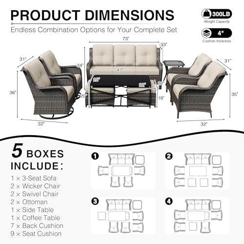 Image of Joyside 9 Piece Wicker Patio Furniture Set, Outdoor Swivel Rocker Patio Chairs with High Back, Deep Seating, Wide Armrest, Thickened Cushions, Outdoor Furniture for Deck, Porch Use