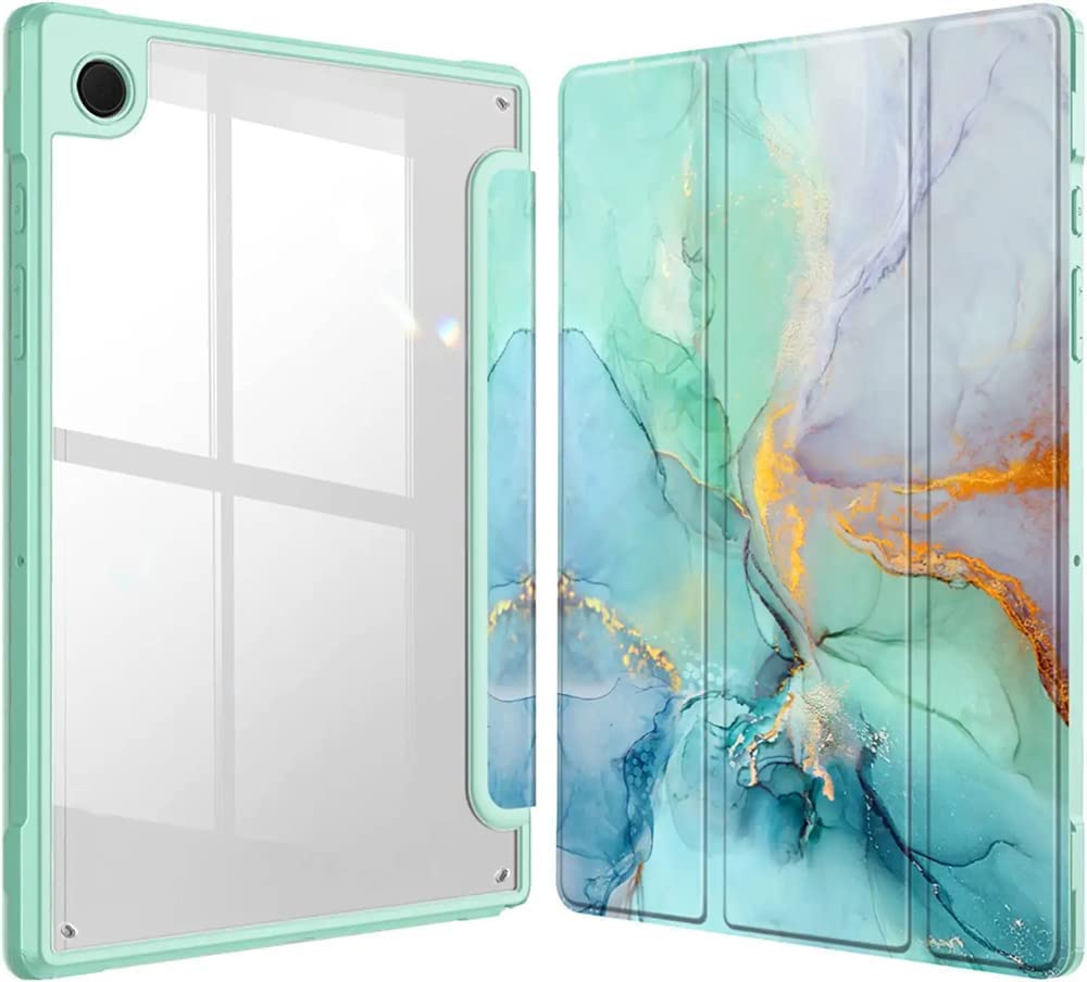 SYOSI Comptible for Samsung Galaxy Tab A8 Case, Hybrid Slim Case for 10.5 Inch 2022 Model (SM-X200, X205, X207), Shockproof Cover with Clear Transparent Back Shell, Auto Wake Sleep (Emerald Marble)