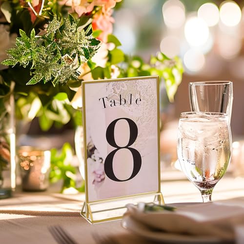 uniqooo acrylic sign holders with golden border portrait view pack of 12  4x6 inches double sided clear frame perfect for wedding reception centerpiece decoration partyanniversary event