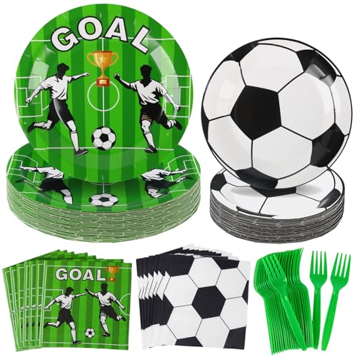GINOYA 96PCS Soccer Plates and Napkins Party Supplies - Soccer Plates Party Decorations Serves 24 Soccer Birthday Party Decorations for World Cup & Fans