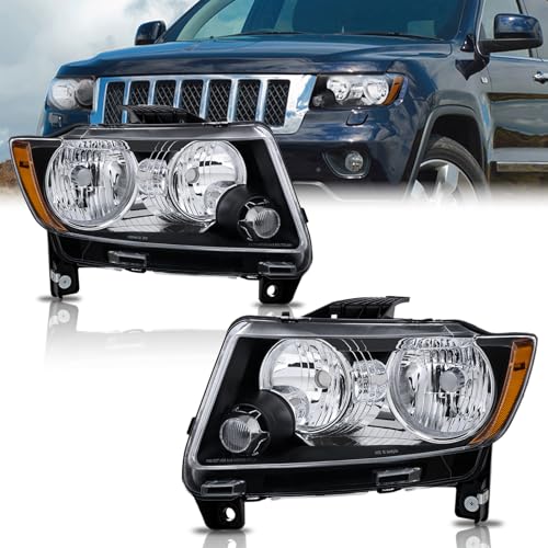 KUIPERAUTO Pair Headlights Assembly Compatible with 2011 2012 2013 Jeep Grand Cherokee Driver and Passenger Side Black Housing/Clear Lens/Amber Reflector