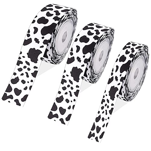 Cow Print Ribbon - 3 Rolls 15 Yards Cow Spot Pattern Animal Print Black and White Polyester Ribbon for DIY Crafts Gift Wrapping Party Decorations (3 Sizes Mix)