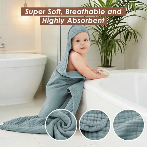 Image of Ease Cubs 3-Pack Muslin Hooded Baby Towels, 100% Cotton, Ultra-Soft & Absorbent Baby Bath Towels with Hood for Babies, Infant, Toddler and Newbron (Grey, Green and Slate,32 inch x 32 inch)