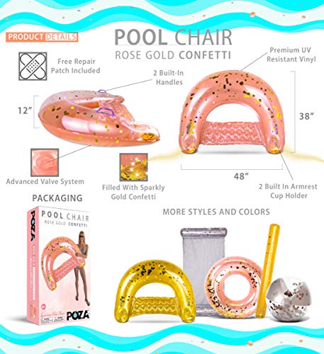 Image of POZA Inflatable Pool Float Chair - Luxurious Lounger Filled with Sparkle Confetti, 2 Built in Cup Holders & Handles, Water Floating Chair for Beach, Lake & Swimming Pool - 48 x 38 Inch
