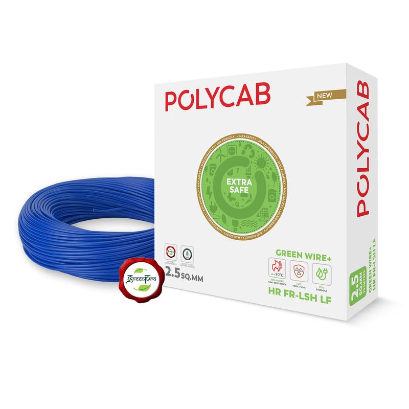 Image of Polycab Green Wire+ 90M coil |2.5 SQ MM|Heat resistant upto 900 C | Low smoke | Low toxic fumes | GreenPro certified | 99.97% high purity copper | Rodent protection | Eco friendly (Blue),Pack of 12
