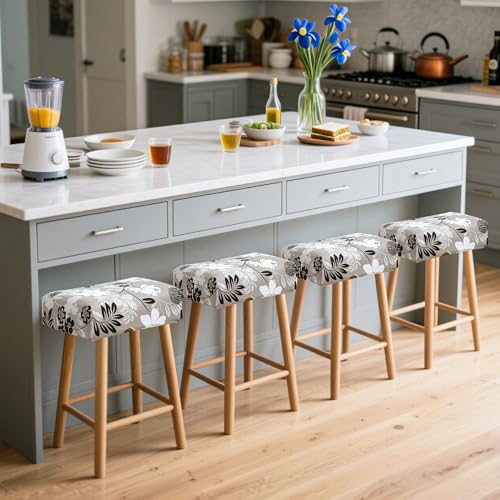 Image of Waterproof Bar Stool Covers Rectangle Set of 4 Stretch Floral Backless Barstool Chair Covers Rectangular Washable