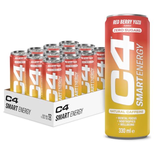 C4 Smart Energy Drinks Red Berry Yuzu 330ml (12 pack) | Sugar Free Energy Drink with 106mg Natural Caffeine Brainberry Nootropics Vitamin C | Natural Energy Drink for Mental Focus On the Go