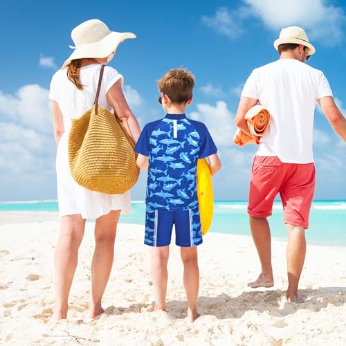 Image of Boys Two Piece Rash Guard Swimsuits Kids Short Sleeve Swimwear Sets Bathing Suit with Sun Hat for 2-6 Years