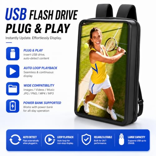 Image of 21.5 Inch IP65 Waterproof Advertising Backpack, 1000nits High Brightness LCD Digital Signage Backpack, Human Walking Backpacks Digital Billboard with USB /App /CMS Input for Auto ADs Playback