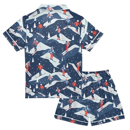 ALAZA Skiers Pine Tree Snow Satin Pajamas Set Short Sleeve Button Down Sleepwear Summer Pjs 2 Piece2