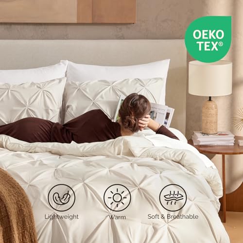 Image of Andency Oversized Queen Pinch Pleat Comforter Set (98 inchx98 inch),3 Piece Lightweight Pintuck Bedding Comforters & Sets, Fluffy Down Alternative Comforter with 2 Pillow Shams for All Season,Beige