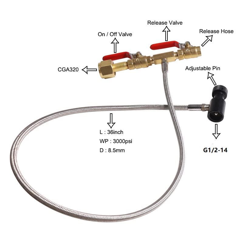 TUXING CO2 PCP Refill Adapter Filling Station Connector Kit, CGA320 and G1/2-14 CO2 Dual Valve Bottle Refill Station with 36 inch Braided Hose for CO2 Tanks