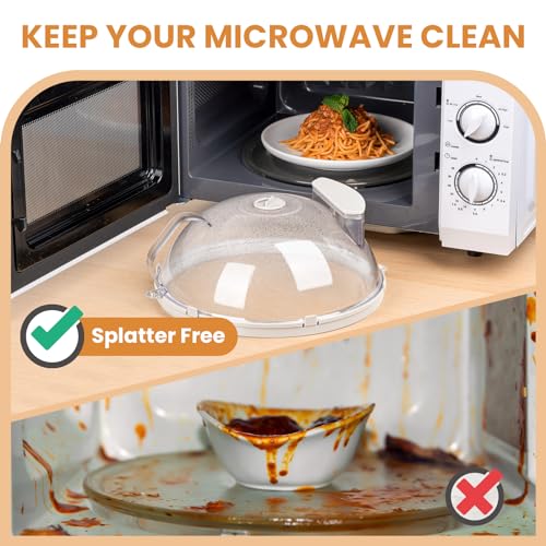 Image of Gracenal Microwave Food Cover, 12 Inch Microwave Splatter Cover with Water Steamer and Integrated Handle, White Clear Splatter Guard Microwave Cover for Food, Microwave Lid Gifts for Mom