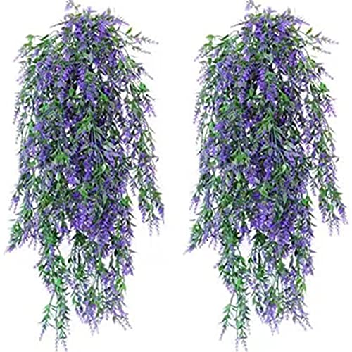 OUKEYI 4 Packs Fake Hanging Lavender Plants Artificial Hanging Faux UV Resistant Lavender Flowers Fake Lavender Plants Hanging Indoor Outside Hanging Decorations,(Purple)