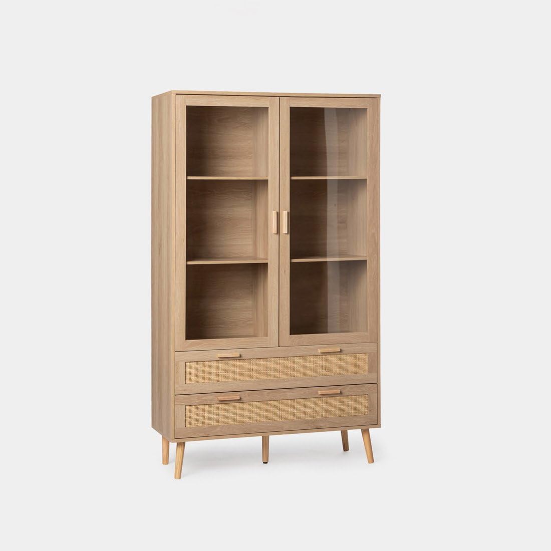 KLAST Vitrine en Bois et en Rotin Naturel avec Dos Portes Vitrees, Trois Etageres et Dos Tiroirs pour Le Rangement. Dimensions : 100 Cm x 170 Cm