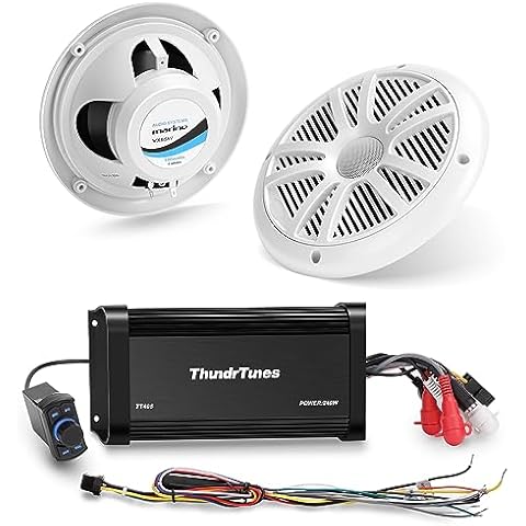 ThundrTunes Marine Powersport Bluetooth Amplifier Audio System with 2pcs White Speakers, Class D 60W x 4 CH, Switch Mount, Suitable for Motorcycle, UTV, ATV, Boat Cover
