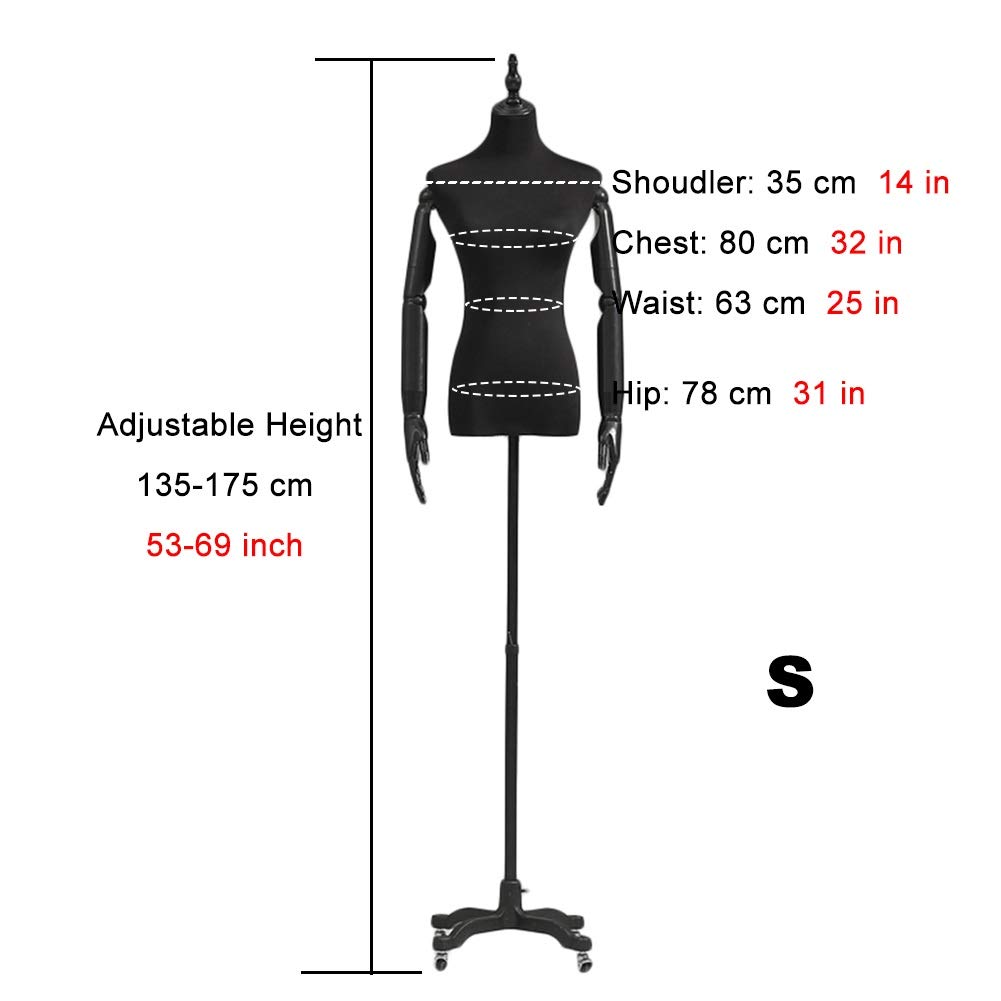 Regulowana sukienka typu manekin żeński, w pełni przypinana, na żeliwnej podstawie na kółkach w kolorze czarnym(With Arms,Medium)