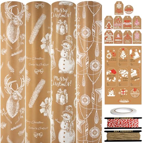 HaloCasa 4 Rollen Weihnachtsgeschenkpapier Set - 43cm x 3M Kraftpapier mit Geschenkanhänger & Geschenkband - Geschenkpapier Weihnachten Rollen für Geschenkverpackung & Deko