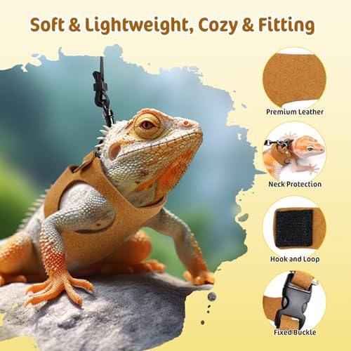 Pawaboo Haustiergeschirr, 3 Leder Bearded Dragon Eidechse Geschirr Hängematte Set Verstellbare Outdoor Harness Leine für Kleine Haustiere Eidechse Reptilien, Braun