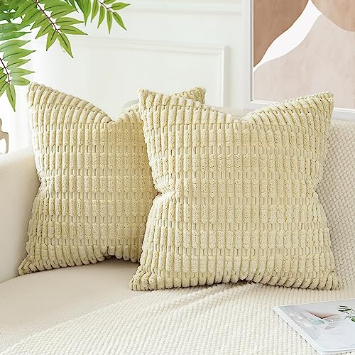 JOTOM Set of 2 Corduroy Soft Striped Cushion Covers 45x45 cm Decorative Throw Pillow Covers Square Cushion Case Home Boho Decor Pillow Cases for Couch Sofa Bedroom 18x18 Inch (Tan) - Image 3