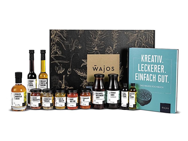 Wajos Kochbuch Geschenkset: kulinarisches Geschenkset mit 12 Produkten und Wajos Kochbuch, besonderes Geschenk für Männer & Frauen