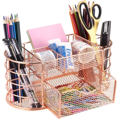Image of 9 Compartment Metal Desk Organizer & Makeup Storage Holder with Detachable Drawer | Multi-Purpose Stationery, Cosmetic & Office Desk Organizer for Home, Study Table & Vanity (Rose Gold)