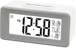 Relógio Despertador de Mesa Digital Inteligente com Sensor de Temperatura Calendário em Português Luz Noturna (Branco e Cinza)