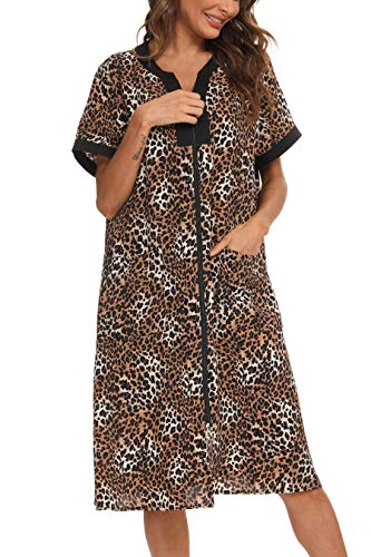 Yozly Women's Short Sleeve House Dress Zipper Front Housecoat With Pockets Leopard, X-Large #TOP1