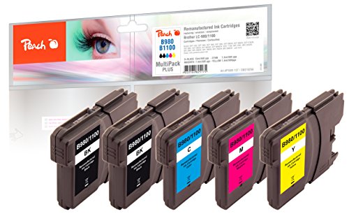 Peach PI500-127 Negro, Cian, Amarillo, Magenta cartucho de tinta - Cartucho de tinta para impresoras (Negro, Cian, Amarillo, Magenta, Brother MFC-490CW/790CW/5490/6490CW/6890CW/6890CDW, DCP-185C/385C/585CW, LC-1100, LC-980, Inyección de tinta, Alto rendimiento (XL), 5 pieza(s))