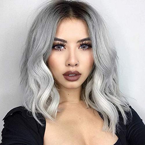 ZM Ombre Silver Wavy Short Wig Curly Wavy Shoulder Length Bob Synthetic Cosplay Wig for Women's Wigs T1B-Silver