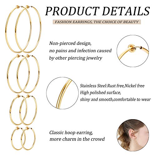 LOYALLOOK 4 Pairs Stainless Steel Clip On Hoop Earrings for Women Fake Hoop Earrings Spring Hoop Earrings For Non-Pierced Ears3