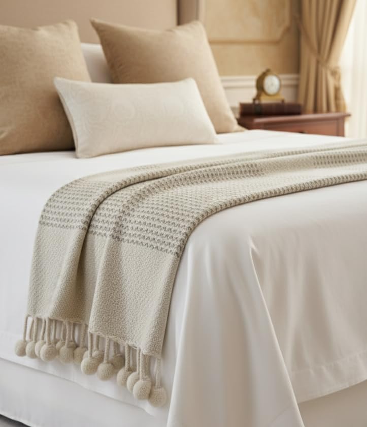 Image of HAKAM Biege Chevron Throw Blanket with Pom Poms | Soft Woven Decor for Couch, Bed, Living Room, Farmhouse Decorative | Cream Beige, 125x150 cm (Pack of 1)