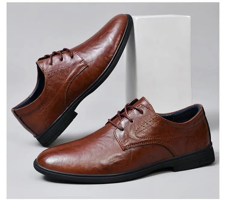 HOOENG Formal Shoes for Men Lace Up Pointed Toe PU Leather Derby Shoes Block Heel Non Slip Resistant Low Top Party(Color:Brown,Size:6)3