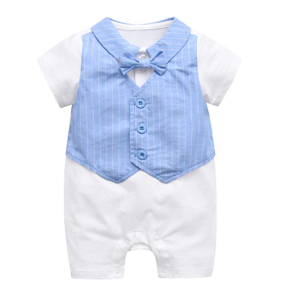 Ding-dong Baby Boy Summer Cotton Gentleman Bowtie Romper(Blue, 12-18M)