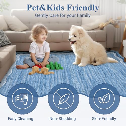 GarveeHome Washable Runner Rug 2x6 Kitchen Hallway Scalloped Rugs Non Skid Stain-Resistant Washable Modern Solid Soft Scalloped Entryway Carpet Runner for Bathroom Laundry Room Bedside(Blue,2x6)