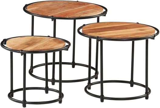 Nesting Tables 3pcs Solid Acacia Wood Coffee & Side Table Set, Natural Brown, 55 cm Round, Space-Saving Stackable End Tables for Living Room Bedroom Hallway