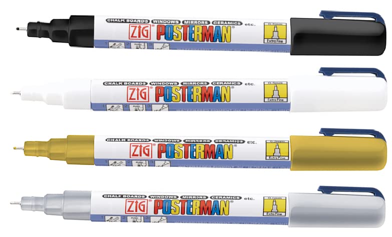 Zig POSTERMAN Extra Fine Chalk Markers Are Effective On Surfaces Such As Glass Plastic, Metal Wood And Stone Permanent Marker For Lettering Calligraphy Illustration Art, Drawing Writing PACK OF 4 PCS