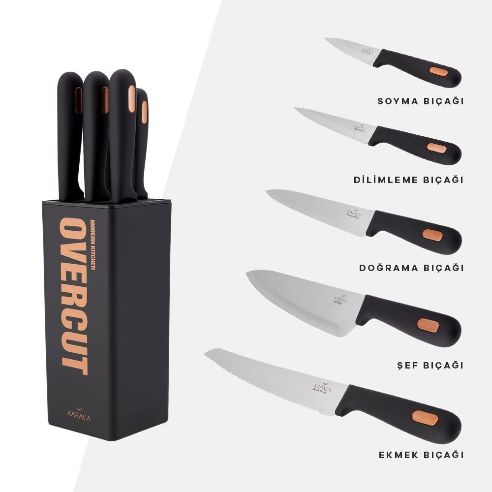 Karaca Overcut 6-Piece Black Knife Set with Block, Stainless Steel Kitchen Knives Sets with Ergonomic Handles, Includes Chef's, Carving, Bread, Utility, Paring Knives & Stand