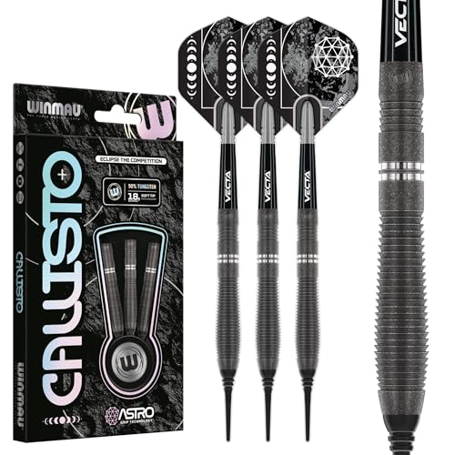 Winmau Darts Callisto 18g Barrel / 20g Full Weight Soft Tip 90% Professional Tungsten Darts Set with Dart Flights and Dart Shafts (Stems)