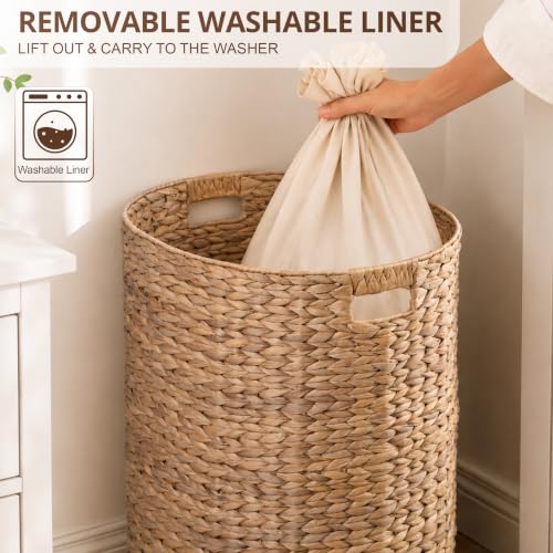 Image of Woven Laundry Basket - Large Wicker Hamper for Clothes Storage - Round Rattan Laundry Hamper - Water Hyacinth Storage Basket (Natural Brown, 17.7 x 15 x 21.7 in)