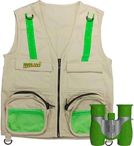 Combination Set: Eagle Eye Explorer Cargo Vest for Kids with Reflective Safety Straps and 8x21 Magnification Binoculars with Soft Rubber Eye Piece for Boys & Girls Waterproof and Shock-Resistant. M/L